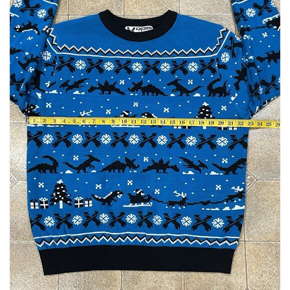 Excision Christmas Sweater Blue Pixelated Pattern Dinosaurs Men’s Size Large EUC - Picture 5 of 10